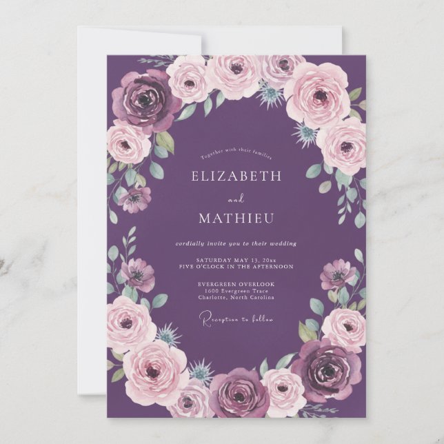 Plum Ranunculus Wreath Wedding Invitation (Front)