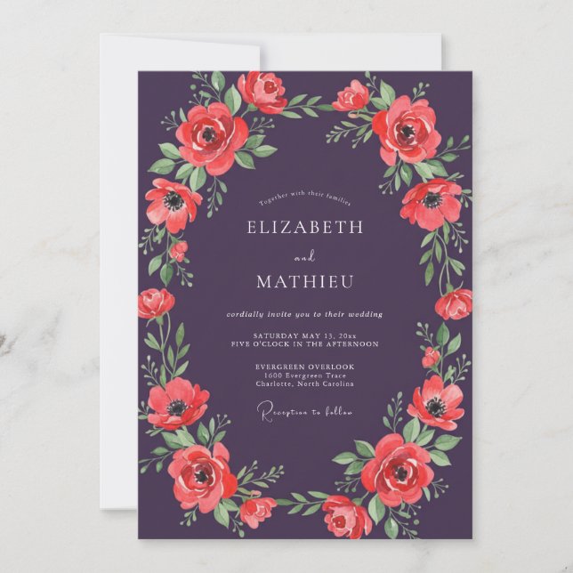 Plum Red Poppy Wedding Invitation (Front)