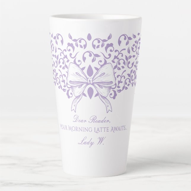 Plum Regencycore Society Dear Reader Ornate Script Latte Mug (Front)