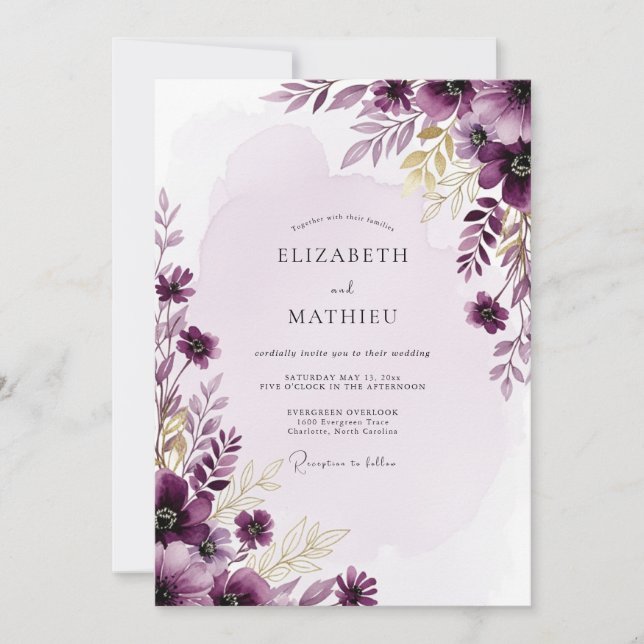 Plum Resplendent Watercolor Wedding Invitation (Front)