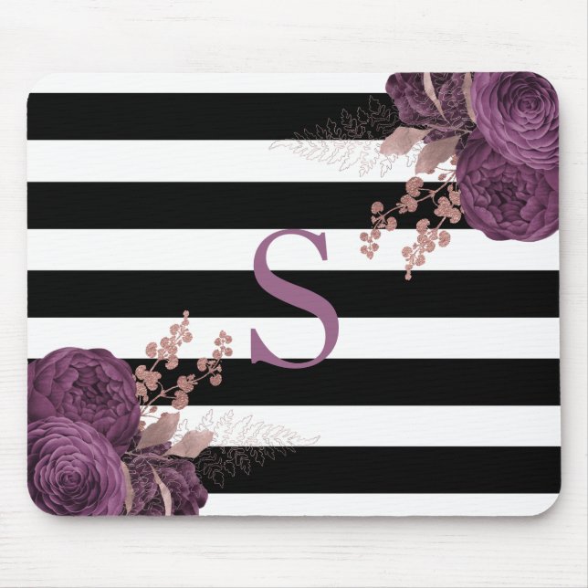 Plum Rose Gold Floral Monogram Black White Stripes Mouse Pad (Front)