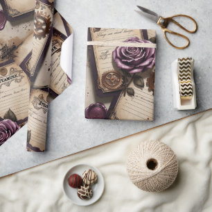Plum Roses Mechanical Steampunk Wrapping Paper