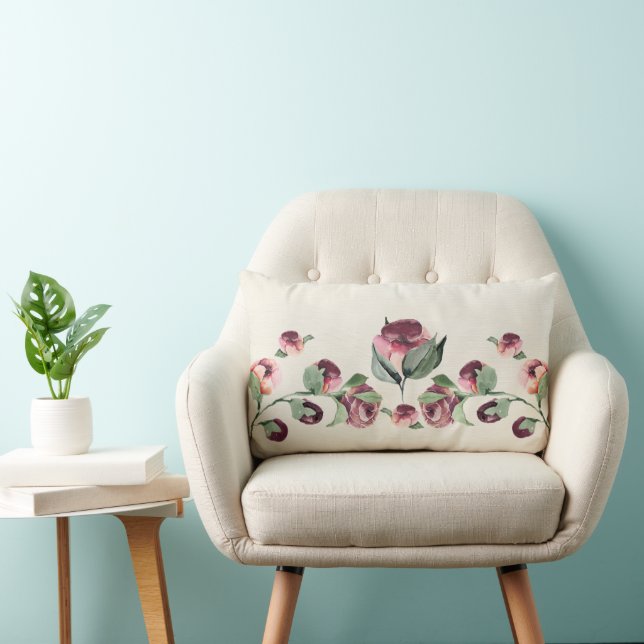 Plum Roses on Paintbrush Ivory  Lumbar Cushion (Chair)