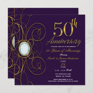 Plum Royal Purple Gold Diamond 50 50th Anniversary Invitation