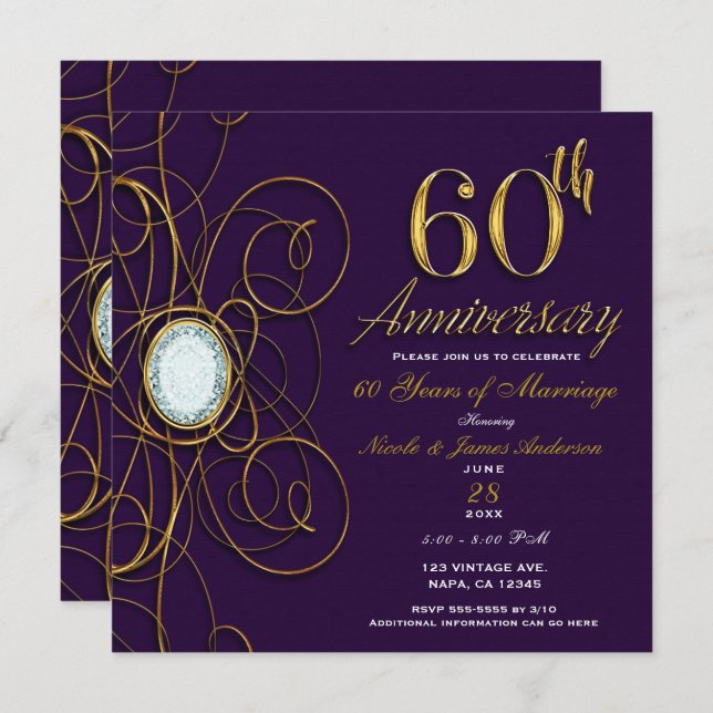 Plum Royal Purple Gold Diamond 60 60th Anniversary Invitation (Front/Back)