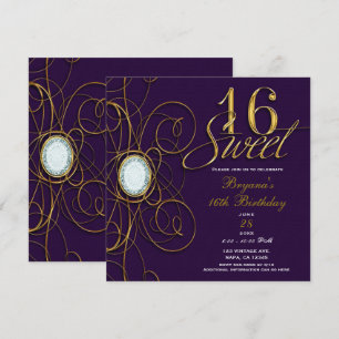 Plum Royal Purple & Gold Diamond Sweet 16 Birthday Invitation