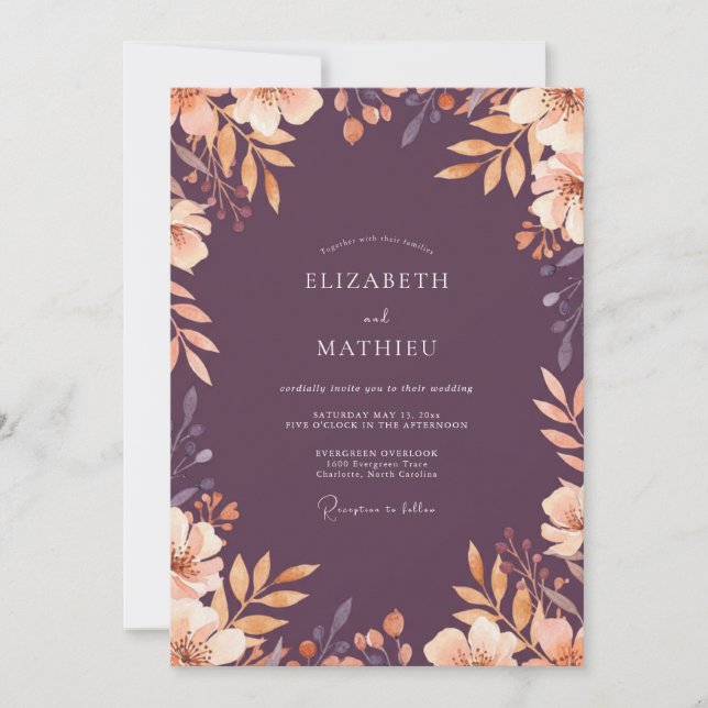 Plum Rust Leafy Wedding Invitation (Front)