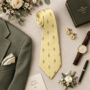 Plum & Sage Botanical Pattern on Butter Yellow Tie