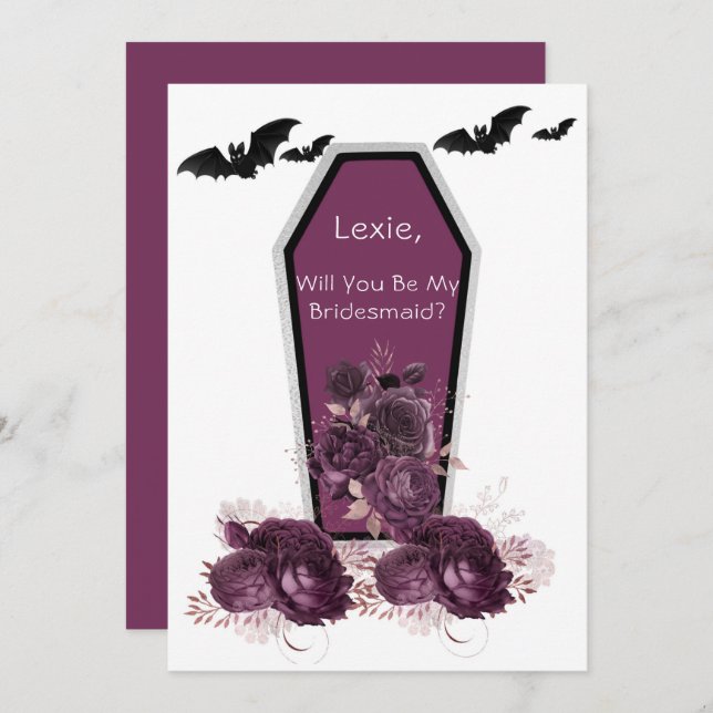 Plum Silver Coffin Bats Will You Be My Bridesmaid Invitation (Front/Back)