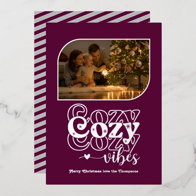 Plum & Silver Cosy Vibes Retro Christmas Photo Foil Holiday Card (Front/Back)