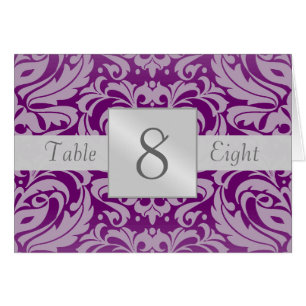 Plum & Silver Damask Table Number Folded Card