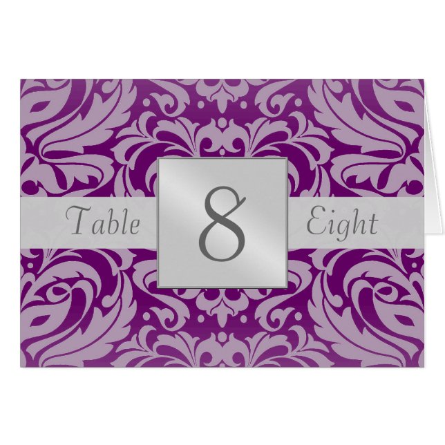 Plum & Silver Damask Table Number Folded Card (Front Horizontal)