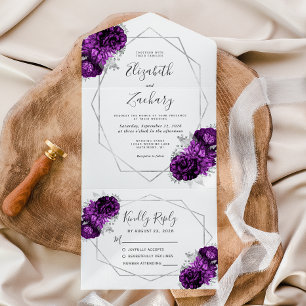 Plum Silver Floral Geometric White Wedding All In One Invitation