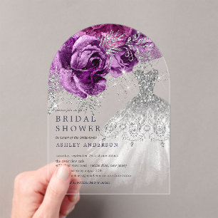 Plum & Silver Floral Wedding Dress Bridal Shower Acrylic Invitations