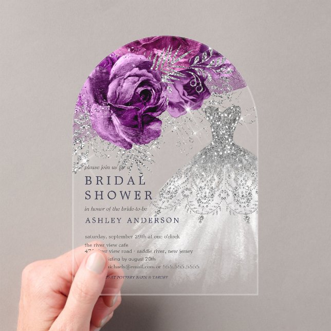 Plum & Silver Floral Wedding Dress Bridal Shower Acrylic Invitations (Insitu (Handheld))