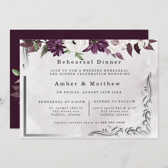 Plum Silver Geometric Floral Rehearsal Dinner Invitation (Front/Back)