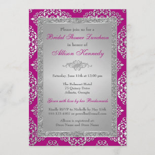 Plum, Silver Glitter Damask Bridal Shower Invite
