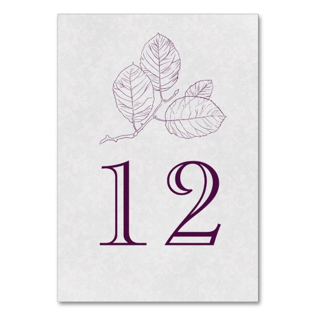 Plum Silver Grey Botanical Outline Elegant Wedding Table Number (Front)