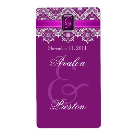 Plum & Silver Lace Jewelled Wedding Wine Label Shipping Label