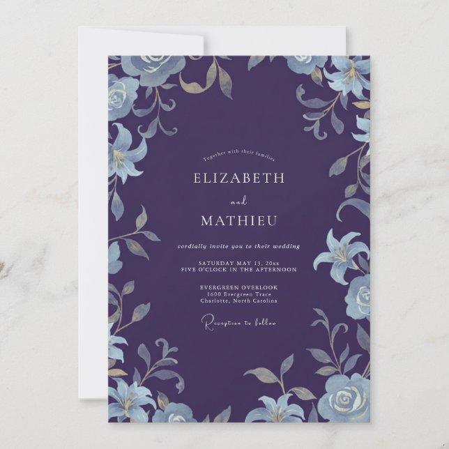 Plum Silver Leaf Wedding Invitation (Front)