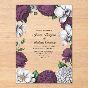 Plum & Silver Modern Botanical Wedding Acrylic Invitations