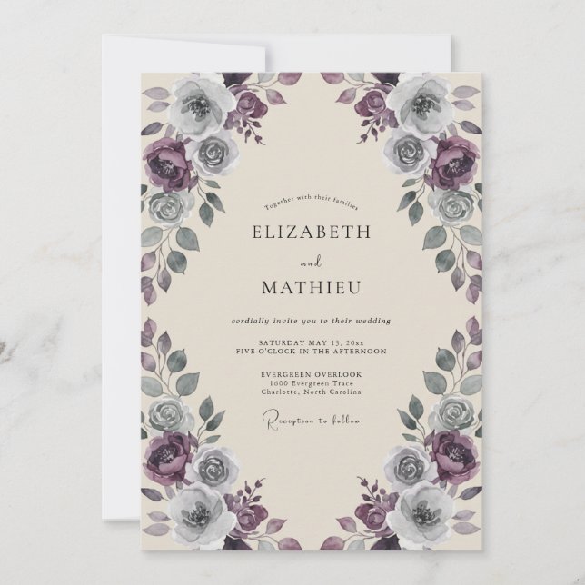 Plum Slate Antique Rose Wedding Invitation (Front)