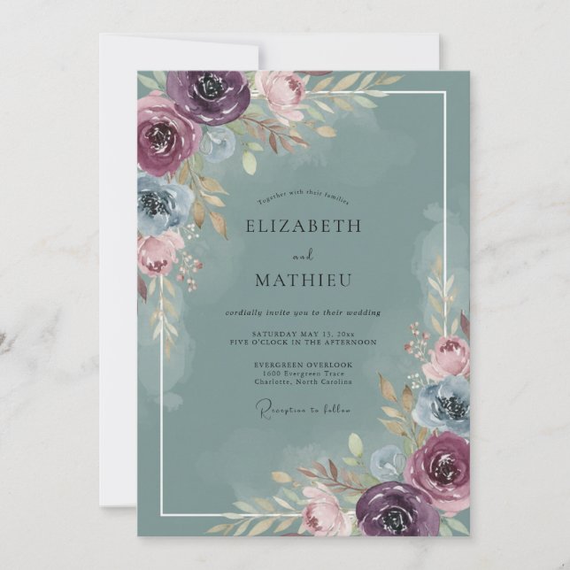 Plum Slate Bouquet Eucalyptus Wedding Invitation (Front)