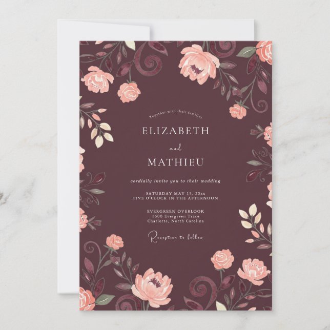 Plum Soft Blush Ranunculus Eucalyptus Wedding Invitation (Front)