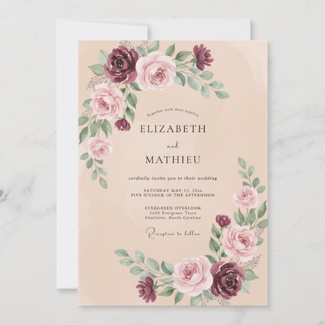 Plum Soft Mauve Ranunculus Eucalyptus Wedding Invitation (Front)