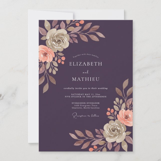 Plum Soft Peach Peony Wedding Invitation (Front)