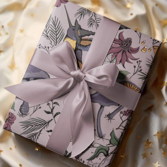 Plum Spooky Enchanted Hummingbird Garden Wrapping Paper (Hand-drawn Illustration in Black Ink. Spooky and Enchanted Hummingbird Garden with Halloween Details)