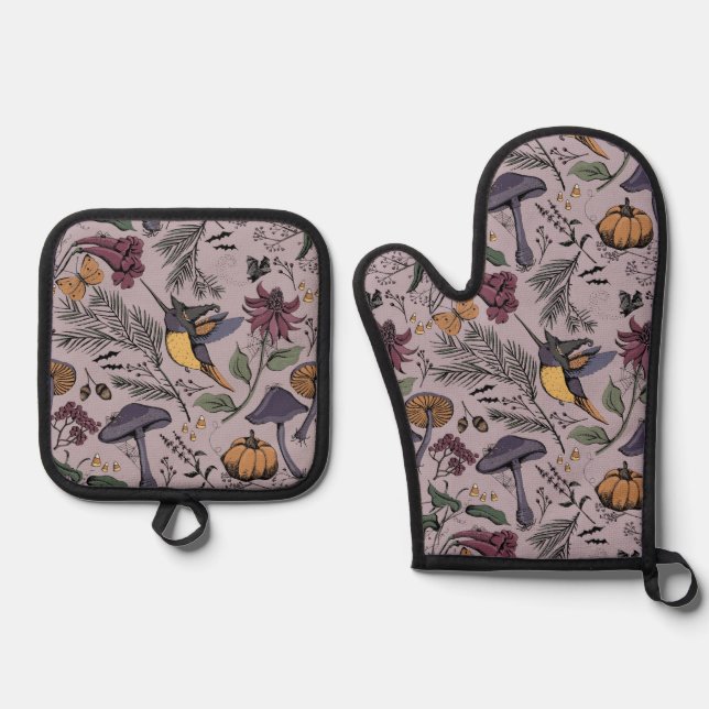 Plum Spooky Halloween Hummingbird Garden Oven Mitt & Pot Holder Set (Front)