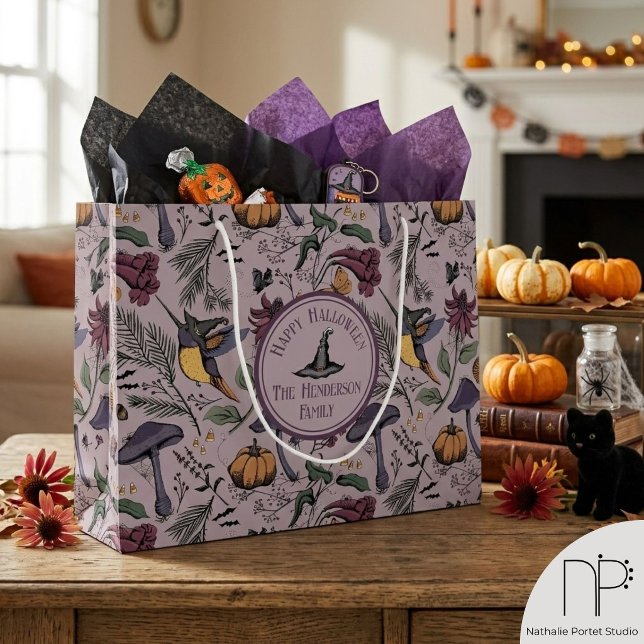 Plum Spooky Hummingbird Garden Gift Bag (Hand drawn hummingbird and wildflower ink art gift bag with a chic noir aesthetic)