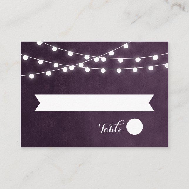 Plum String Lights Wedding Escort Cards (Front)
