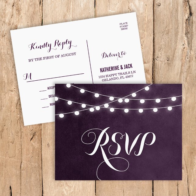 Plum String Lights Wedding RSVP Postcard (Creator Uploaded)