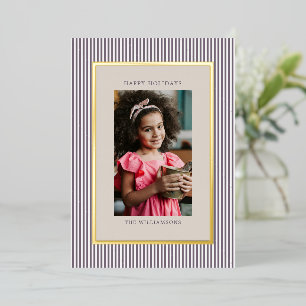 Plum Stripes Christmas Family Photo Elegant Gold Foil Holiday Card