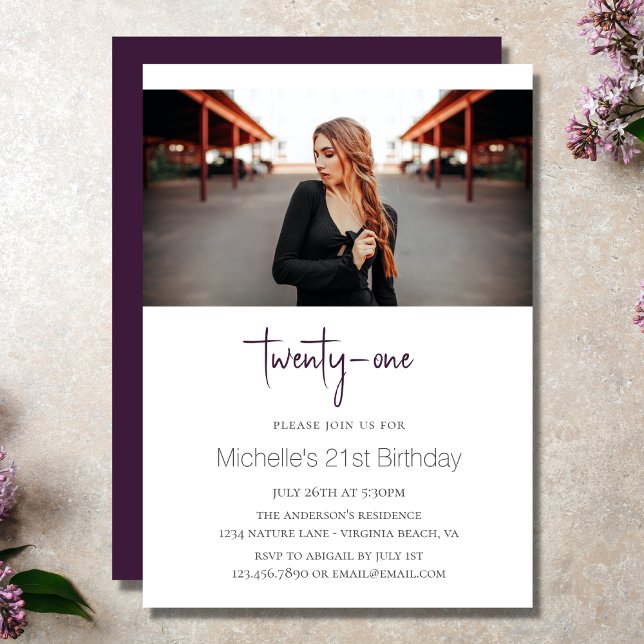 Plum Stylish Modern Photo 21st Birthday Invitation (Creator Uploaded)