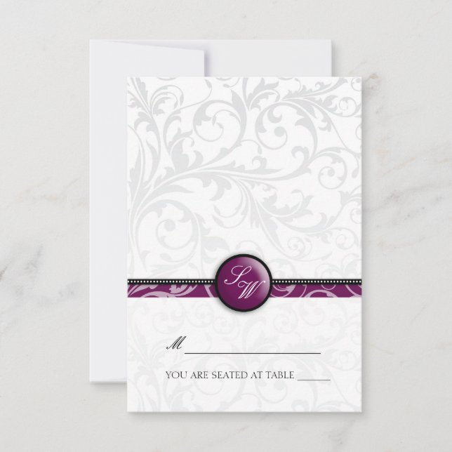 Plum Swirl Monogram Folding Tent  Place Card (Front)