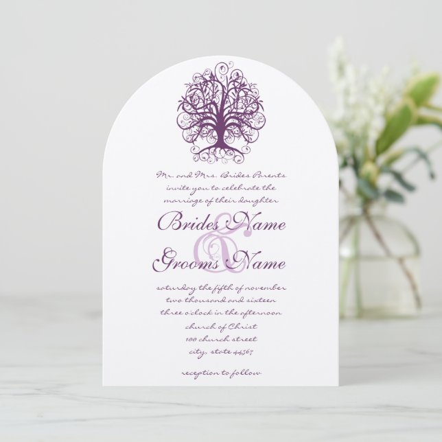 Plum Swirl Tree Roots of Love Wedding Invitate Invitation (Standing Front)