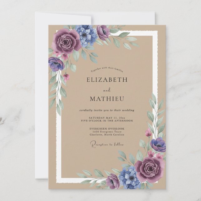 Plum Taupe Leafy Wedding Invitation (Front)