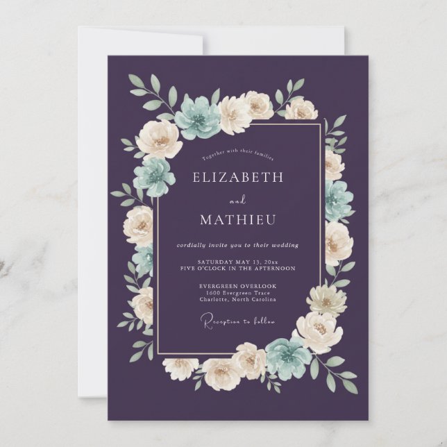 Plum Teal Botanical Romantic Wedding Invitation (Front)