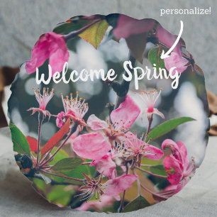 Plum Tree Branch with Pink Flowers Round Cushion