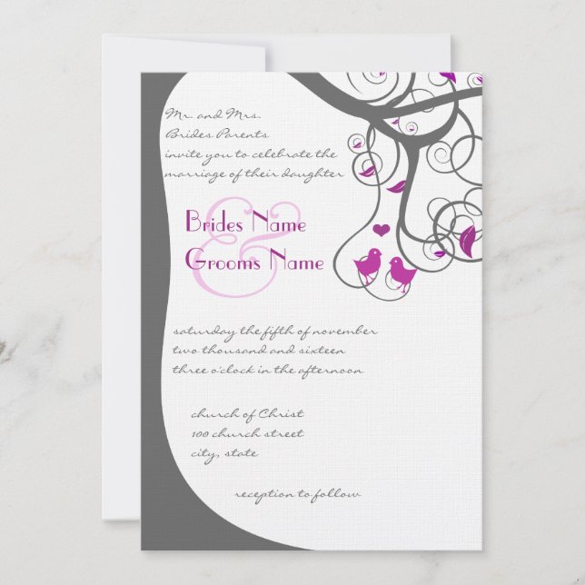 Plum Tree Swirl Plum Love Birds Wedding Invitation (Front)
