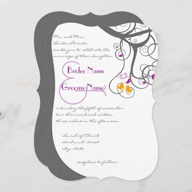 Plum Tree Swirls Love Birds Wedding Invitation (Front/Back)