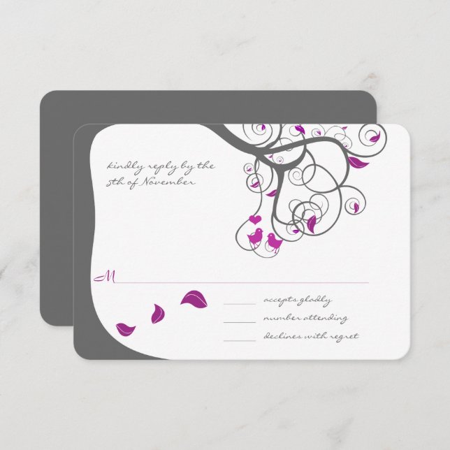 Plum Tree Swirls Love Birds Wedding Invitation (Front/Back)