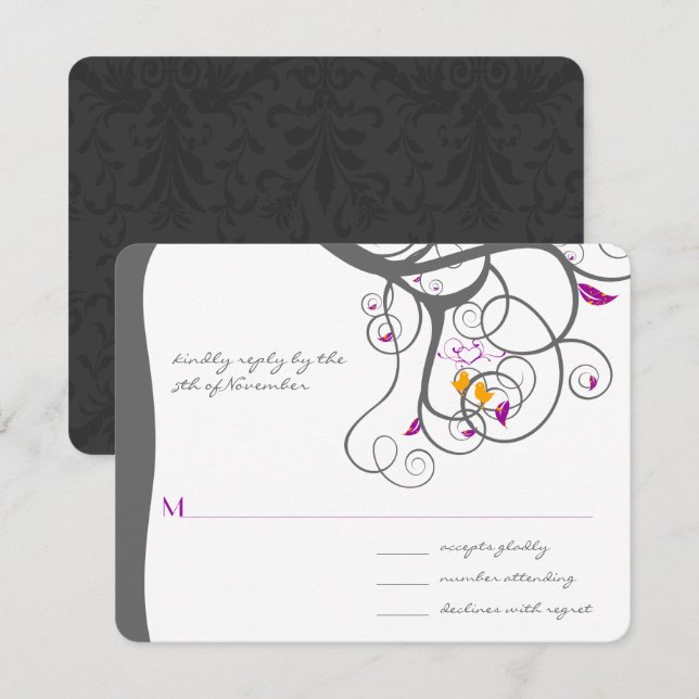 Plum Tree Swirls Love Birds Wedding Invitation (Front/Back)