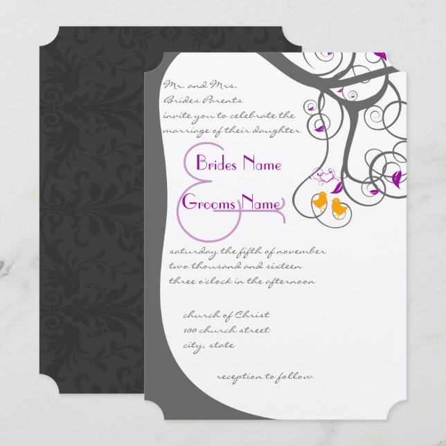Plum Tree Swirls Love Birds Wedding Invitation (Front/Back)