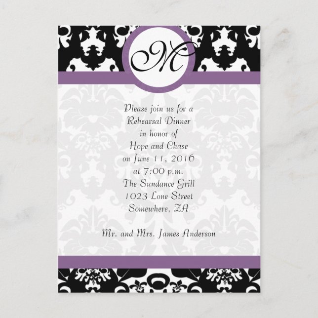 Plum Trim Black Damask Hearts Rehearsal Dinner Invitation Postcard (Front)