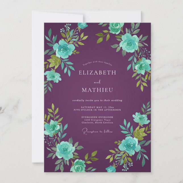 Plum Turquoise Ranunculus Eucalyptus Wedding Invitation (Front)