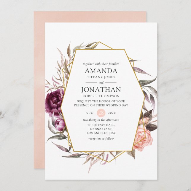 Plum Velvet and Blush Pink Floral Wedding Invitation (Front/Back)